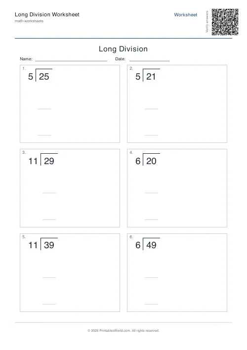 Free printable long division worksheet — 50, with answer key — PDF download