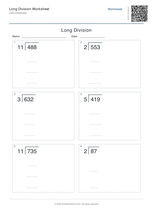 Free printable long division worksheet — 999, with answer key — PDF download