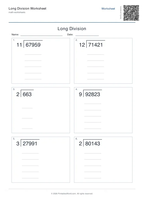 Free printable long division worksheet — 99999, with answer key — PDF download