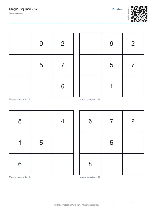 Free printable magic square puzzle — 3x3 — PDF download