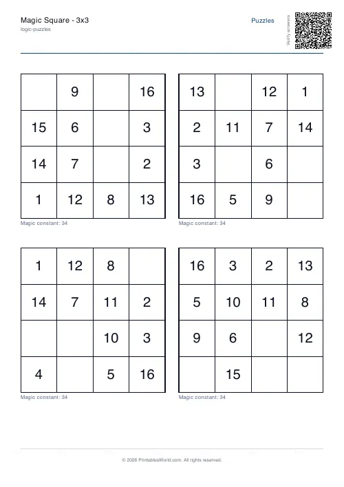 Free printable magic square puzzle — 4x4 — PDF download