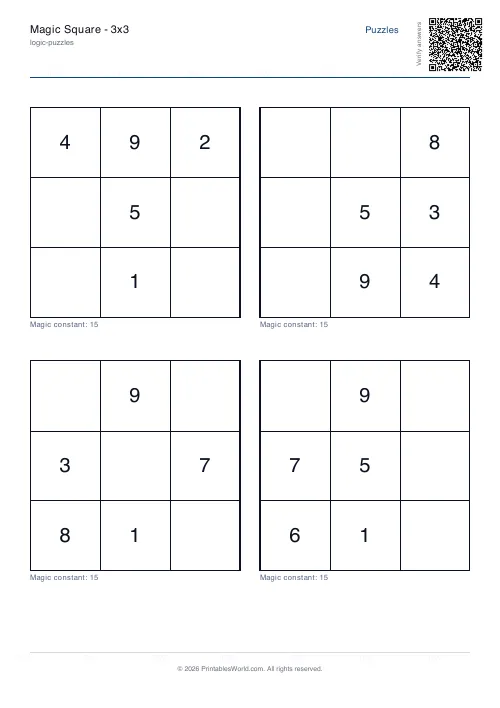 Free printable magic square puzzle — 3x3, with answer key — PDF download