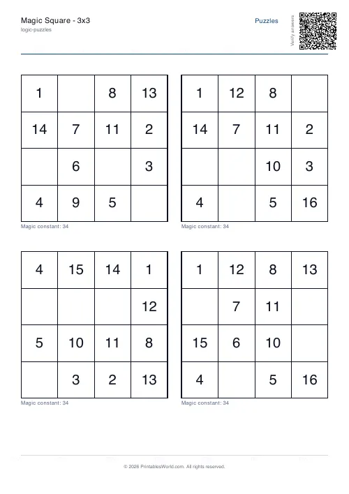 Free printable magic square puzzle — 4x4, with answer key — PDF download