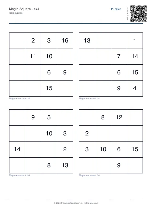 Free printable magic square puzzle (4x4), PDF download