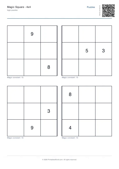 Free printable magic square puzzle (3x3, with answer key), PDF download