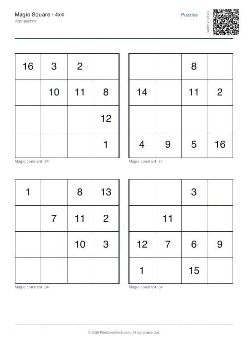 Free printable magic square puzzle (4x4, with answer key), PDF download