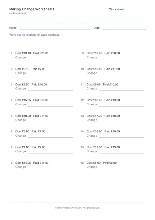 Free printable making change money worksheet (GBP), PDF download