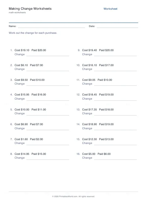 Free printable making change money worksheet (USD), PDF download