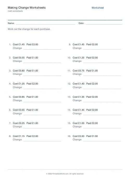 Free printable making change money worksheet (2), PDF download