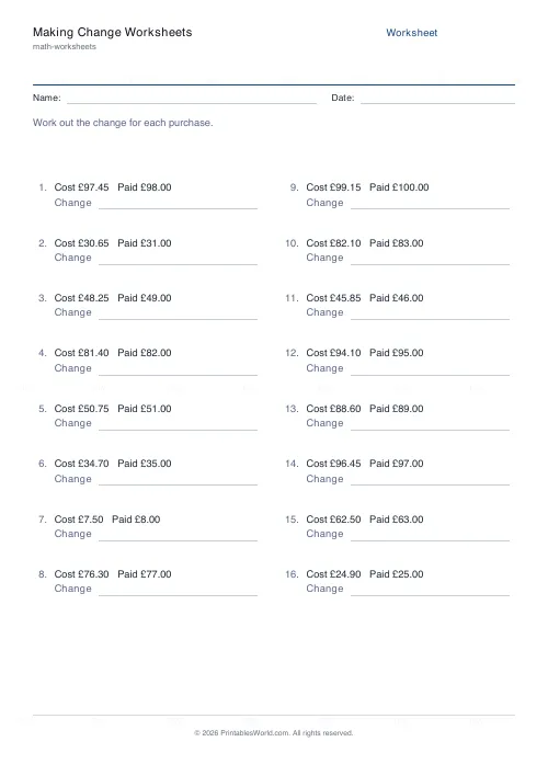 Free printable making change money worksheet (100), PDF download