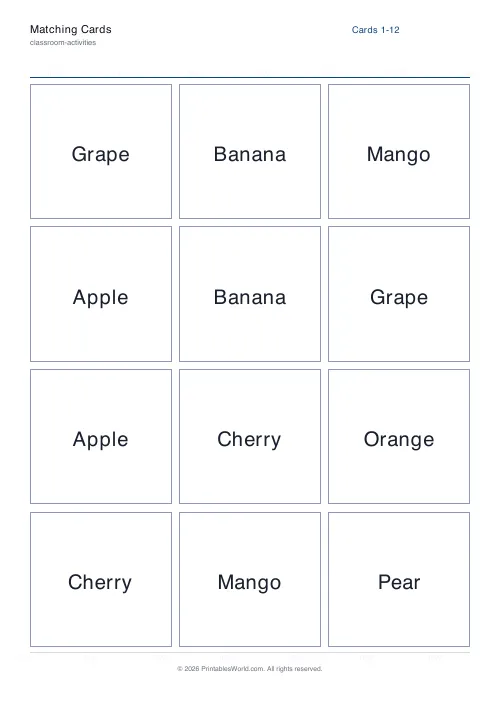 Free printable matching card deck — 12 (4×3) — PDF download