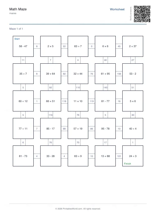 Free printable math maze (Year 2, with answer key), PDF download