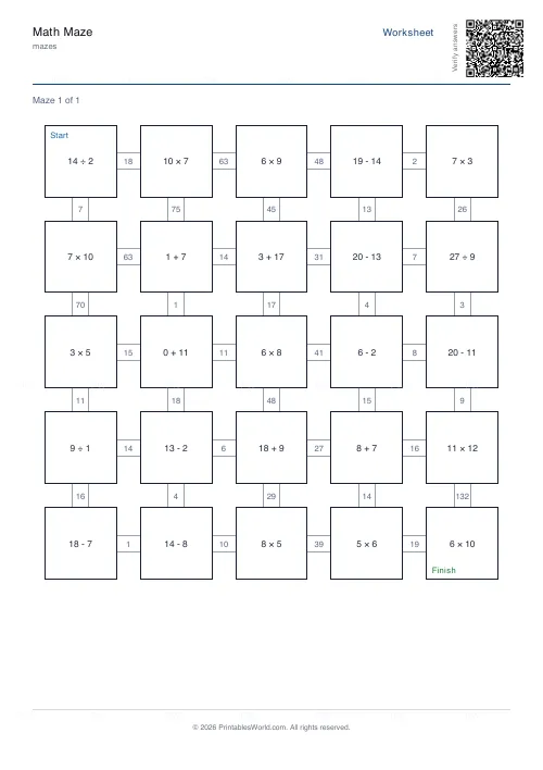 Free printable math maze (Year 4), PDF download