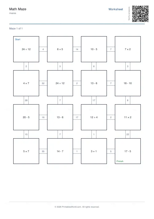 Free printable math maze (Small), PDF download