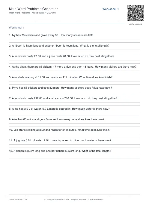 Free printable math Word Problems PDF — sheet 1