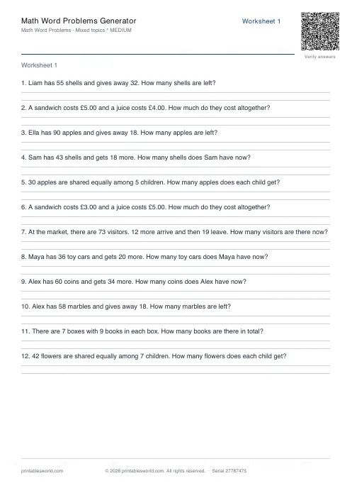 Free printable math Word Problems PDF — sheet 10