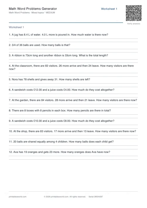 Free printable math Word Problems PDF — sheet 11
