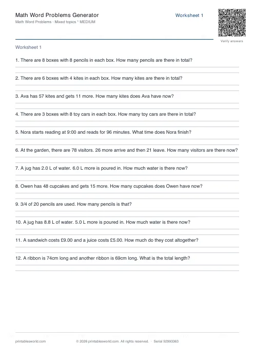 Free printable math Word Problems PDF — sheet 12