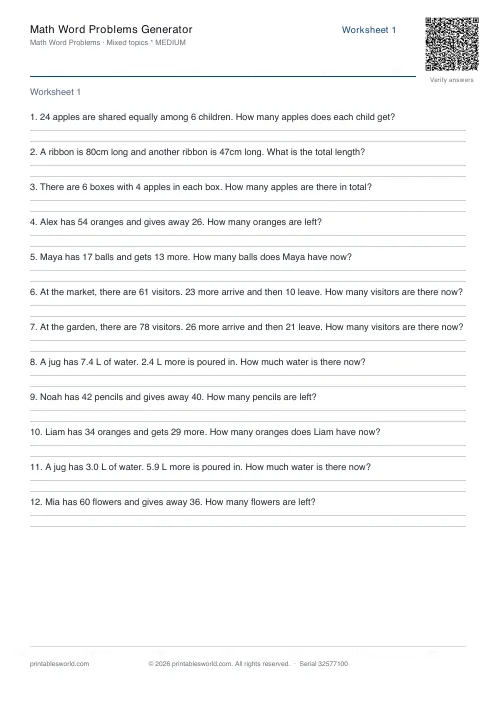 Free printable math Word Problems PDF — sheet 2