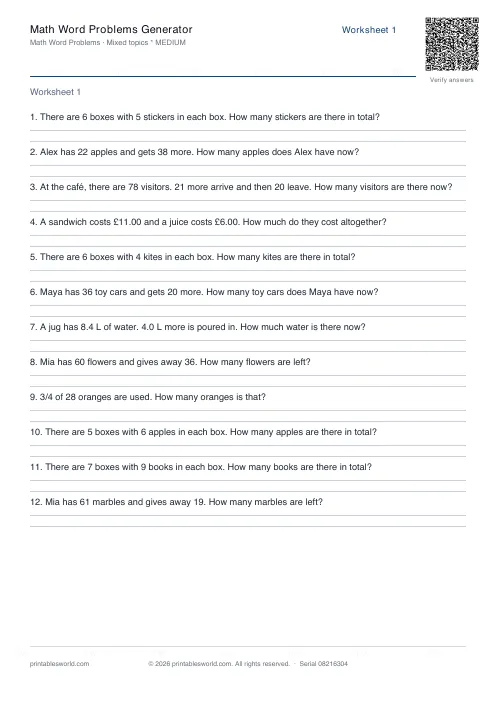 Free printable math Word Problems PDF — sheet 3