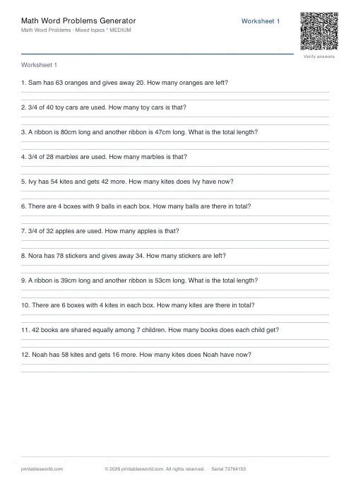 Free printable math Word Problems PDF — sheet 4