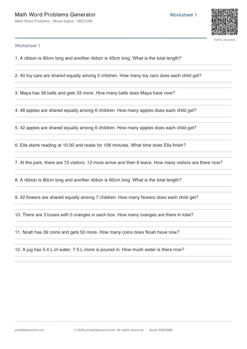 Free printable math Word Problems PDF — sheet 5
