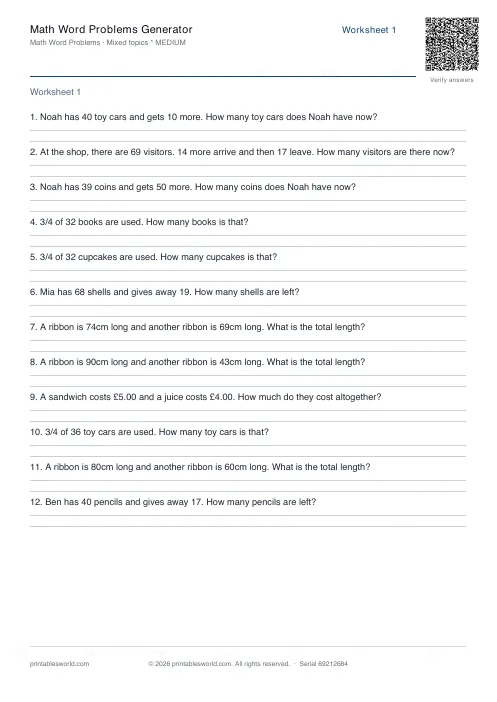 Free printable math Word Problems PDF — sheet 6