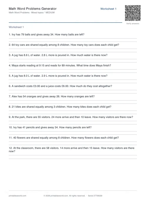 Free printable math Word Problems PDF — sheet 7