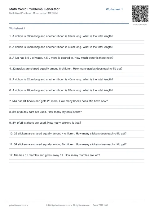 Free printable math Word Problems PDF — sheet 8