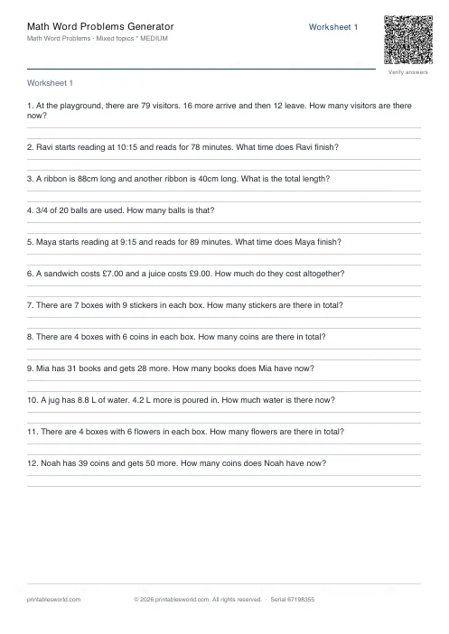 Free printable math Word Problems PDF — sheet 9