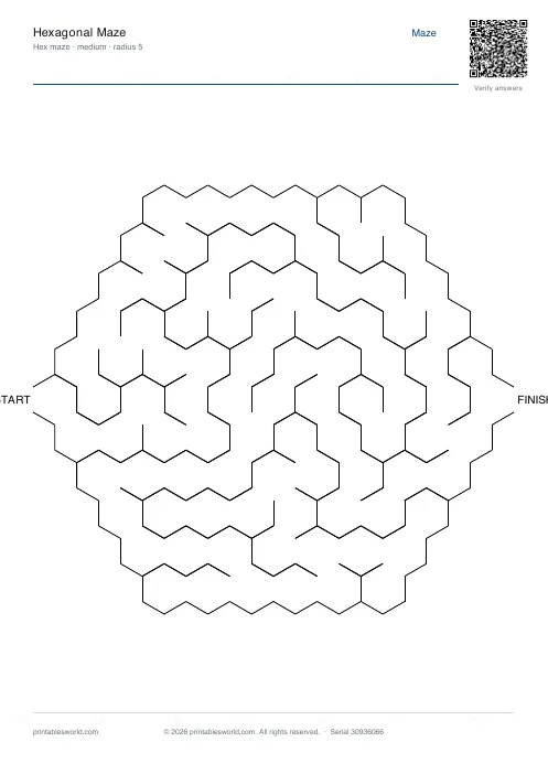 Free printable hexagonal Maze PDF — sheet 1