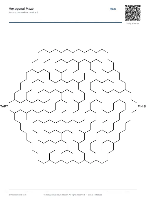 Free printable hexagonal Maze PDF — sheet 10