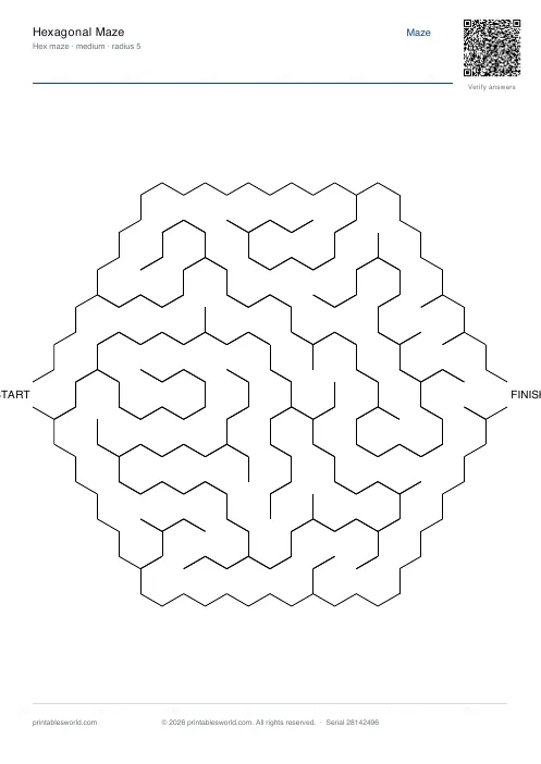 Free printable hexagonal Maze PDF — sheet 11