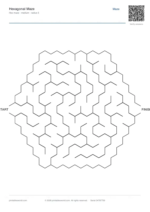 Free printable hexagonal Maze PDF — sheet 12