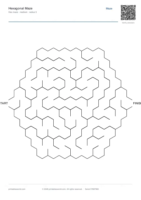 Free printable hexagonal Maze PDF — sheet 2
