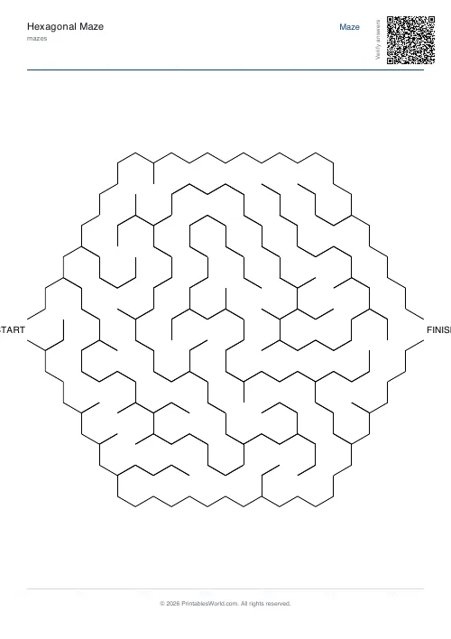 Free printable hexagonal Maze PDF — sheet 3