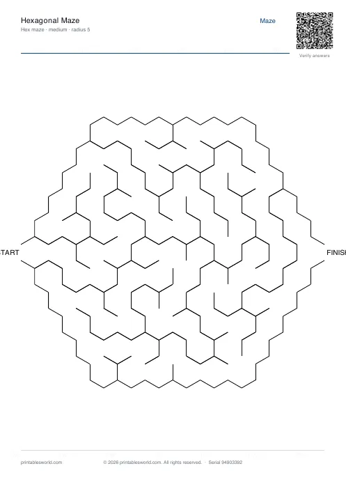 Free printable hexagonal Maze PDF — sheet 5