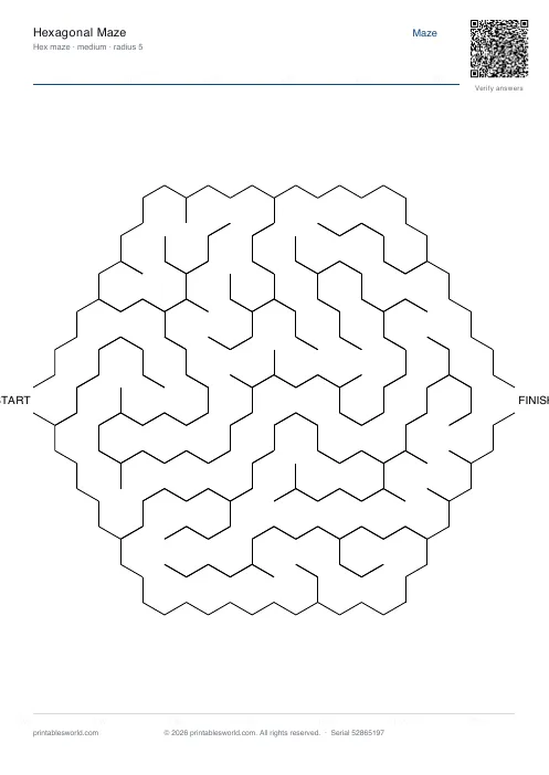 Free printable hexagonal Maze PDF — sheet 6