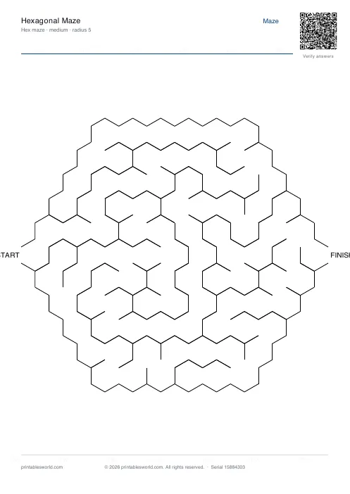 Free printable hexagonal Maze PDF — sheet 7