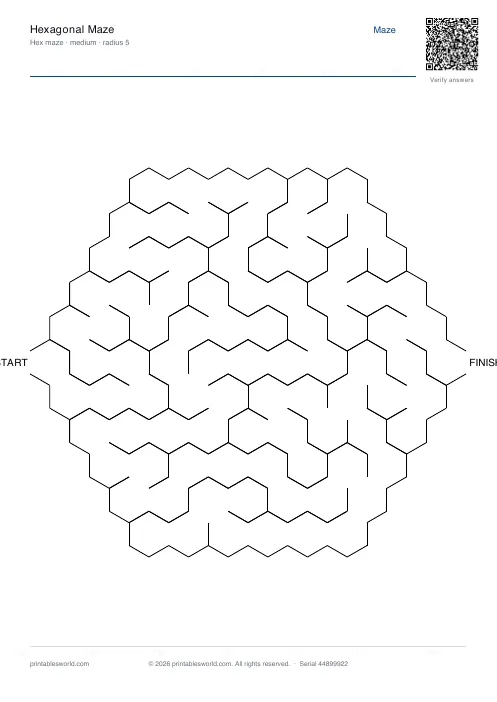 Free printable hexagonal Maze PDF — sheet 8