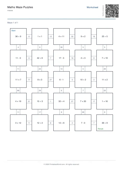 Free printable math maze — Year 1, with answer key — PDF download