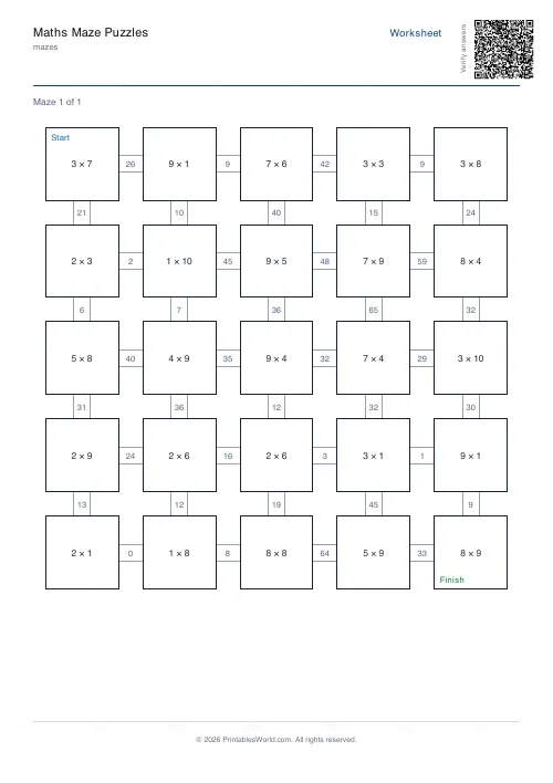 Free printable math maze — Year 3, with answer key — PDF download