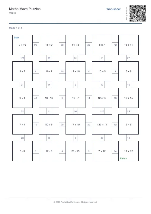 Free printable math maze — Year 4, with answer key — PDF download
