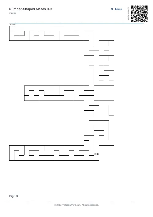 Free printable number maze — 3, with answer key — PDF download