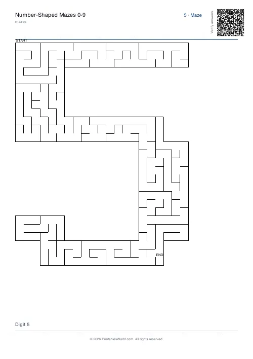 Free printable number maze — 5, with answer key — PDF download