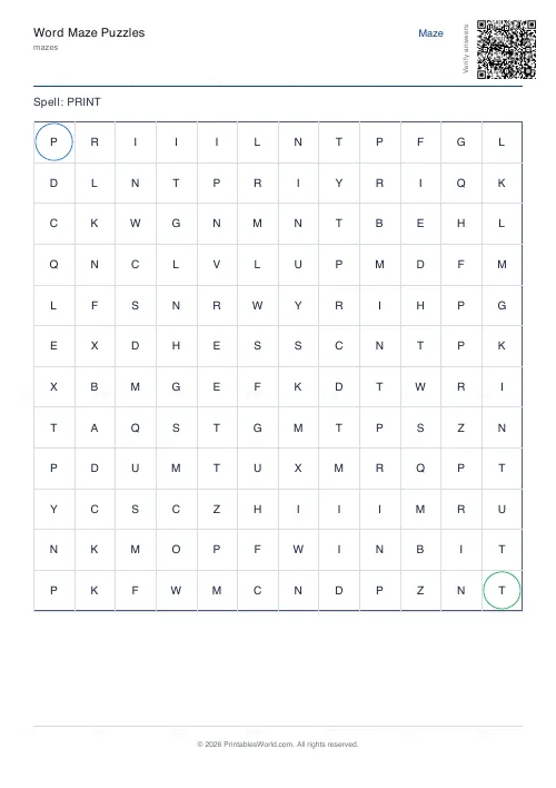 Free printable word maze (with answer key), PDF download