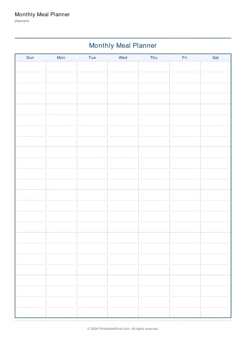 Free printable monthly meal planner — Sunday start — PDF download