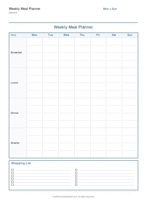 Free printable weekly Meal Planner PDF — sheet 1