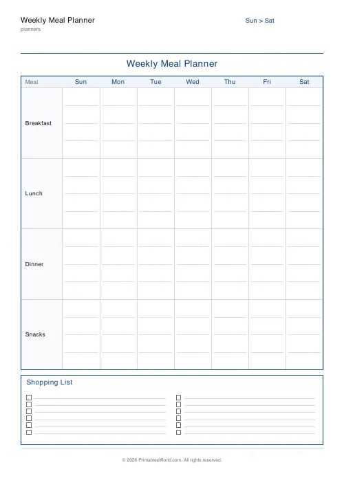 Free printable weekly meal planner (Sunday start), PDF download
