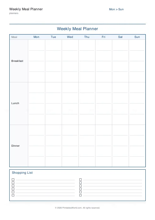 Free printable weekly meal planner (No snacks), PDF download